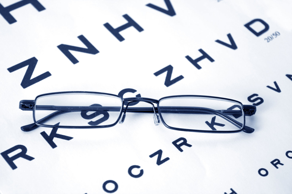 Eyeglasses on an eye exam chart